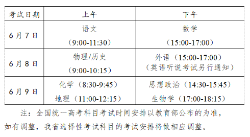 广东2021高考时间及科目安排